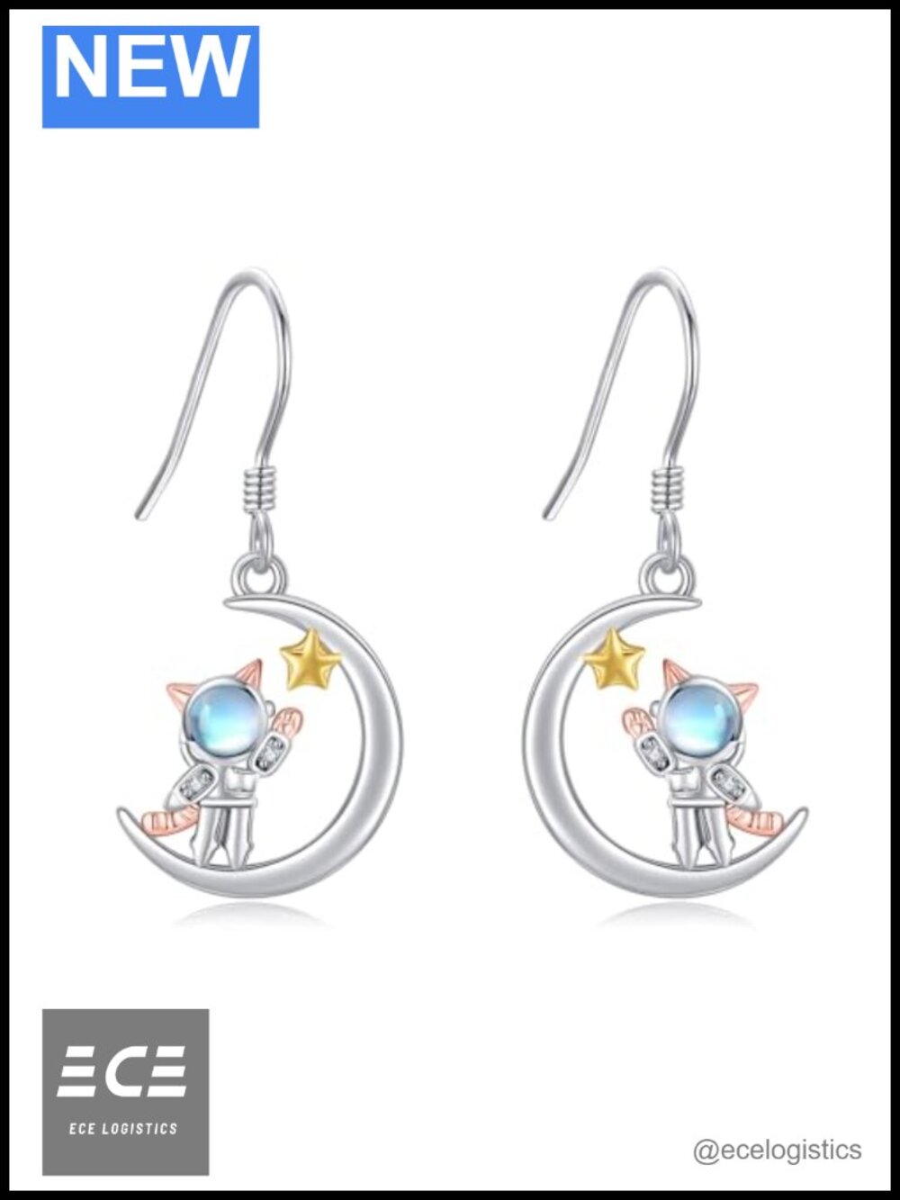 925 Sterling Silver Astronaut Cat Earrings Platinum Plated Drop Dangle Women